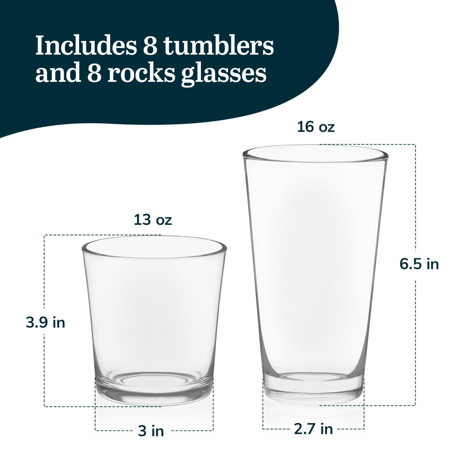 Libbey Ascent Tumbler and Rocks Drinking Glasses Set of 16, Glass Drinking Glasses with Curvature, Versatile Glassware Set for Parties and More