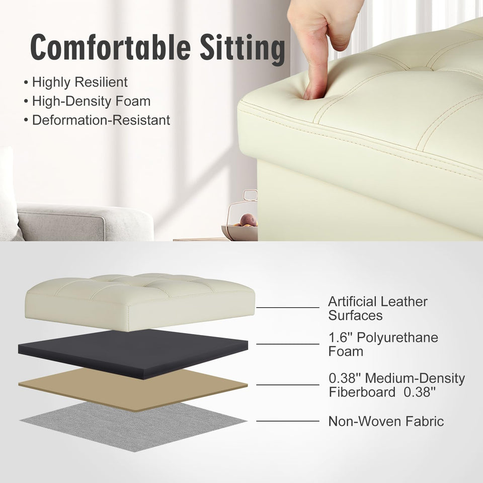 Storage Ottoman Foot Rest Stool, Foldable Leather Footstool Storage Bench with Thicker Foam Padded Seat. Foot Rest Under Desk for Living Room Bedroom 350 lbs, 17x13x13 in, Brown