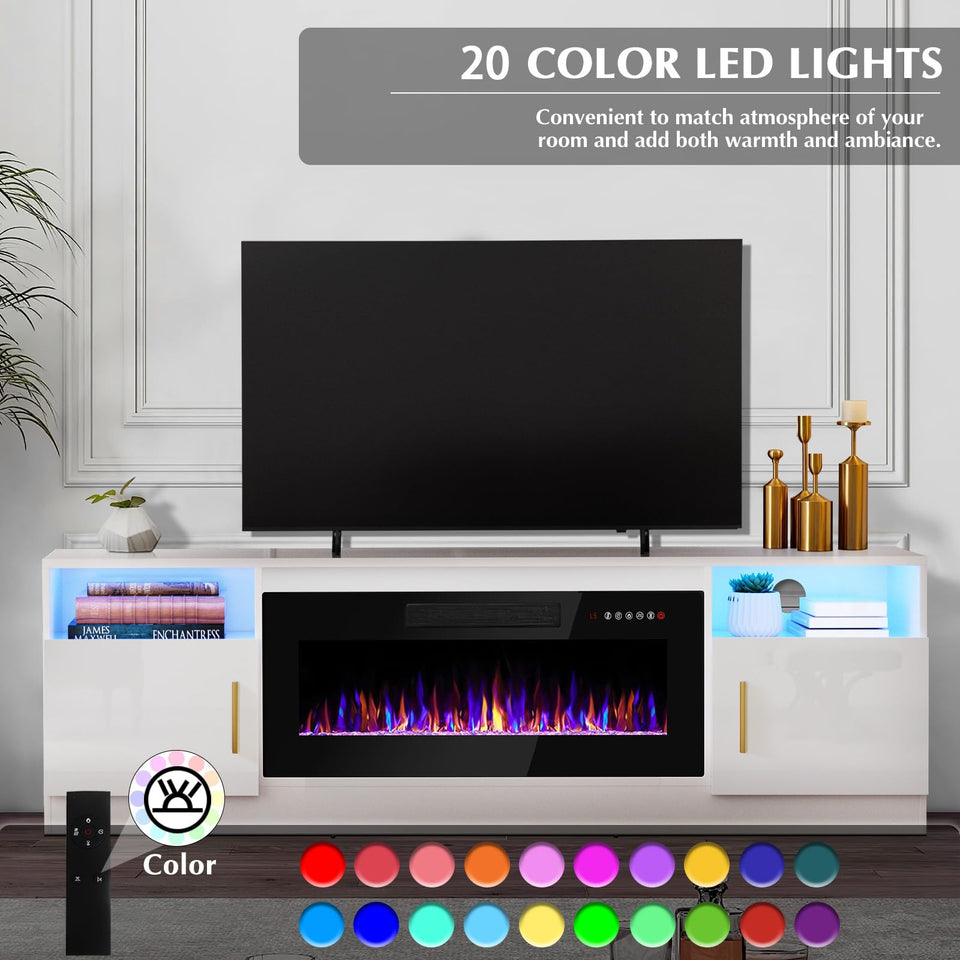 Lemberi Fireplace tv Stand with 36 inch Fireplace Up to 90" TVs, LED Light Entertainment Center and Storage, 80" Modern Wood Media TV Console with Highlight Cabinet for Living Room (White)