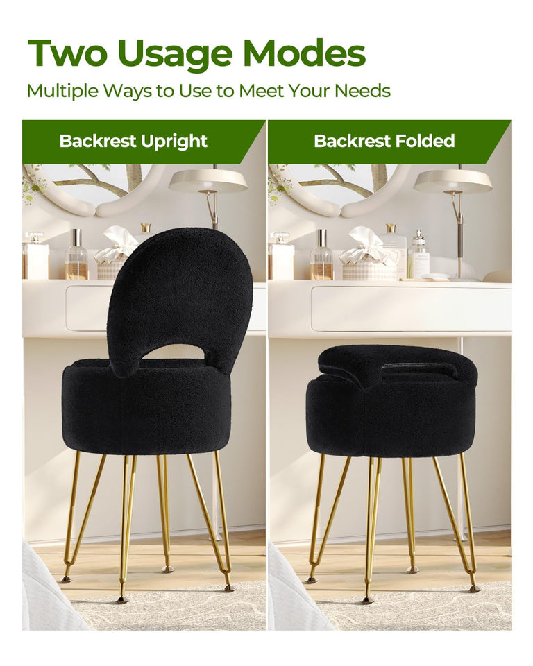 GREENSTELL Small Vanity Stool Chair with Storage and Folding Back, 13" x 13" x 17.7" Faux Fur Soft Ottoman for Teenager, 4 Metal Legs with Anti-Slip Feet, Furry Padded Seat for Makeup, Bedroom, White