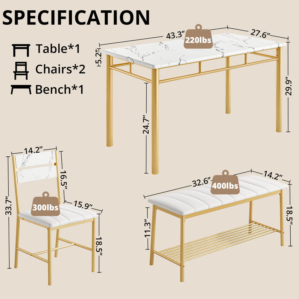 IRONCK Dining Table Set for 4, Kitchen Table with Upholstered Bench and 2 Chairs, Kitchen Table and Chairs Set for Small Space, Apartment, Rustic Brown