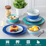 vancasso Bonita Dinnerware Set 24 Pieces Blue Stoneware Service for 6, Handpainted Spirals Pattern Stoneware Combination Set