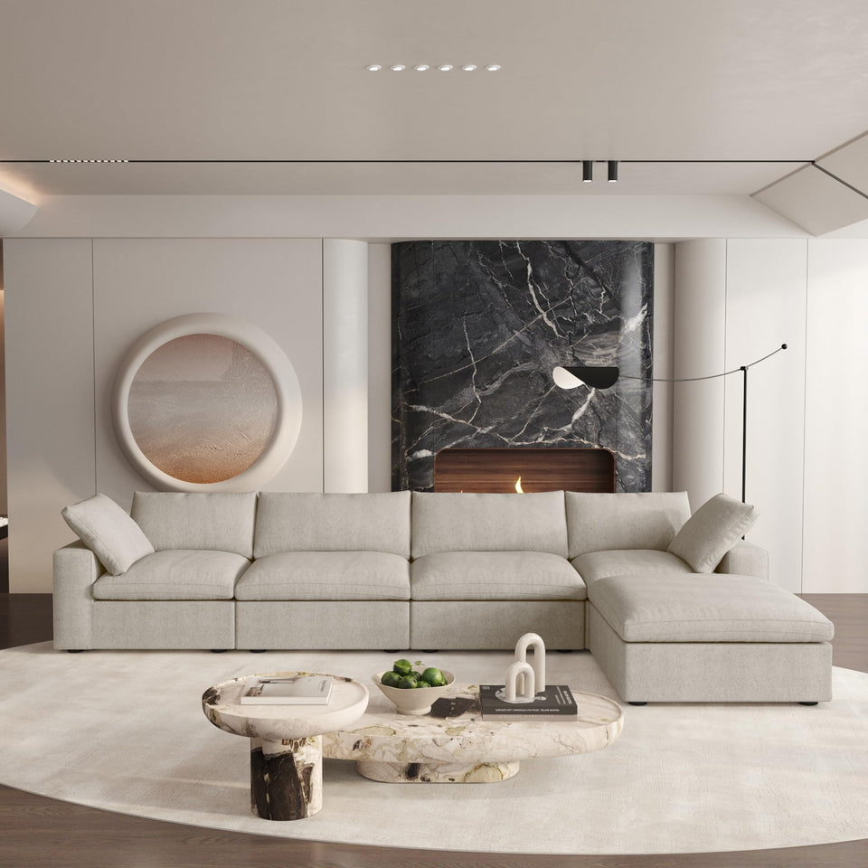 160.6" Cloud Couch Modular Sectional Sofa for Livingroom,Oversized Convertible Sofa with Storage Ottomans,6 Seat Wide Couches,Cushion Covers Removable (Khaki, 6 Seater)