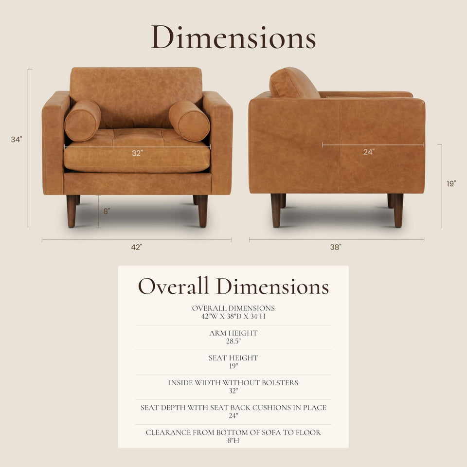 POLY & BARK Napa 72" Apartment Sofa – Italian-Tanned Full-Grain Pure-Aniline or Semi-Aniline Leather, Feather-Down Cushioning, Kiln-Dried Solid Wood Frame, Walnut Legs - Cognac Tan