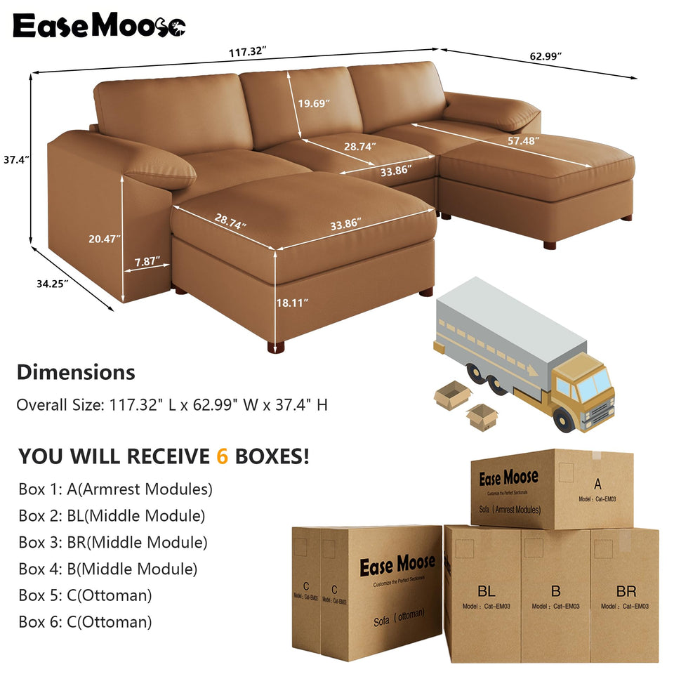EASE MOOSE Leather Sectional Couch, Oversized Modular Sectional Sofas, Wide Deep Seat Modular Couch, Scratch Resistant Faux Leather Material, L Shaped Sofa for Big Spaces,Beige