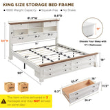 Farmhouse King Size Bed Frame with 54" Tall Storage Bookcase Headboard, Wood Platform Bed Frame with 2 Drawers & 18" Tall Roman Column Decoration Footboard, No Box Spring Needed(Antique White)