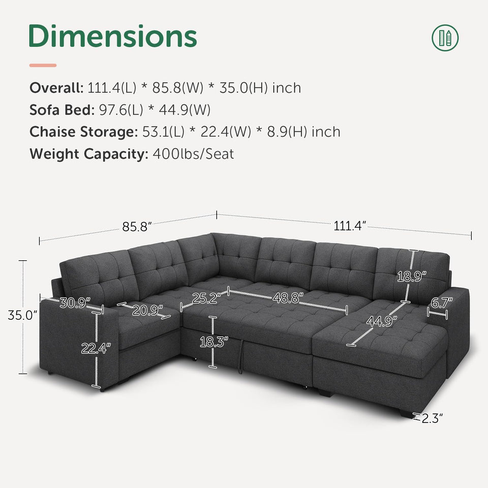 HONBAY Sectional Sleeper Sofa Pull Out Bed with Storage Chaise, Sectional Sofa Couch, Sleeper Couch Bed for Living Room, Dark Grey