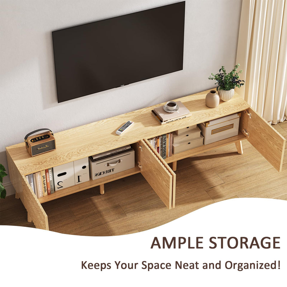 UKAOCAI 86.61'' Tambour TV Stand for 55-85 Inch, Modern Entertainment Center with Large Storage Cabinet & Open Shelves, TV Console with Sliding Doors for Living Room, Bedroom, Natural