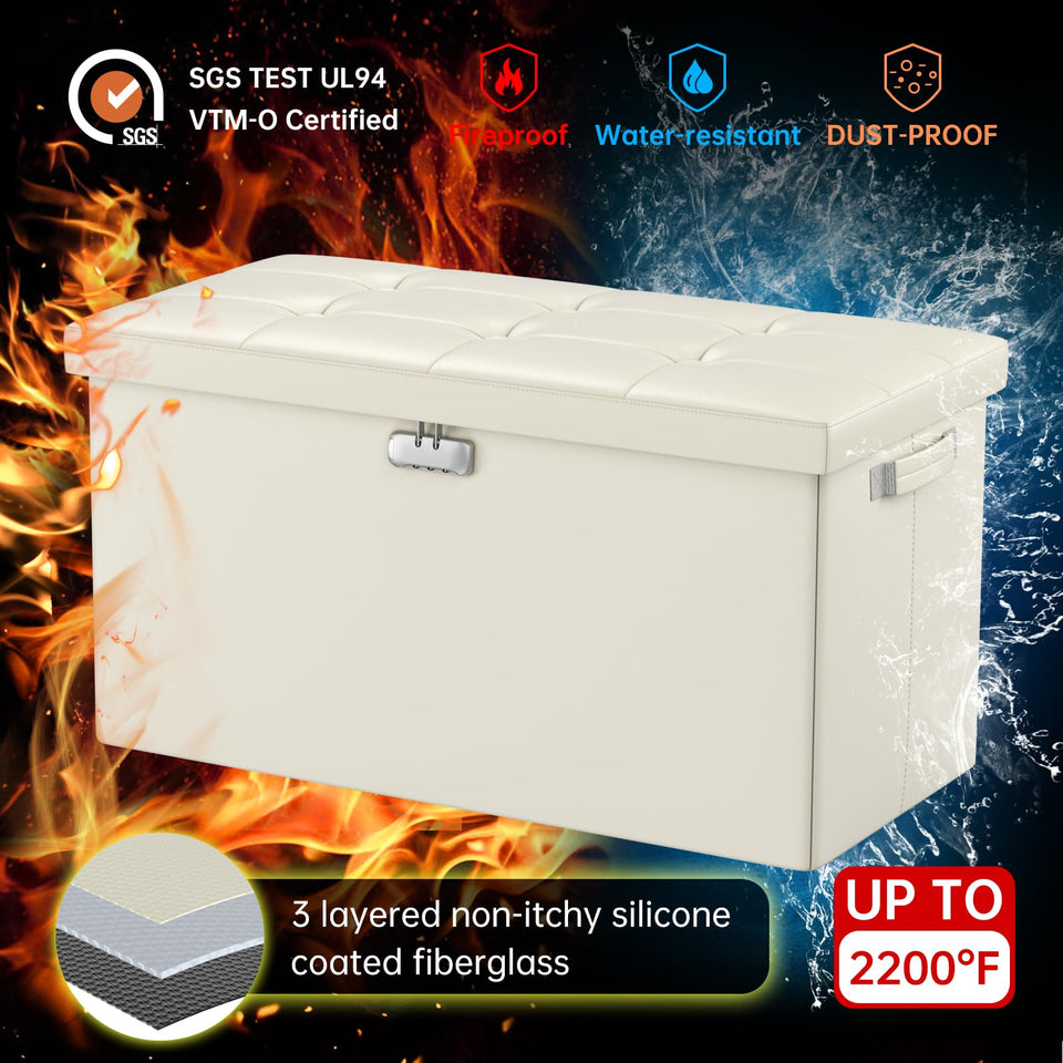 DocSafe Storage Ottoman with Lock,Fireproof Folding Ottoman Foot Rest Stool Storage Chest with Storage Safe for Important Documents,Waterproof 17 Inches Short Ottoman Foot Stool with Handles,Black