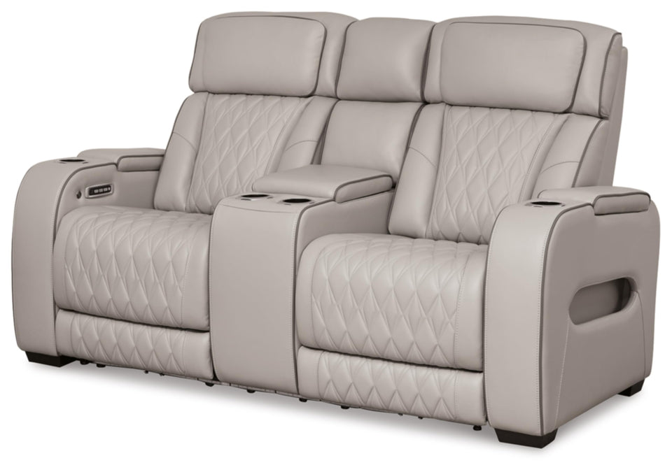 Signature Design by Ashley Boyington Contemporary Leather Match Power Reclining Sofa with USB Charging Ports, LED Lights and Adjustable Headrest, Light Gray
