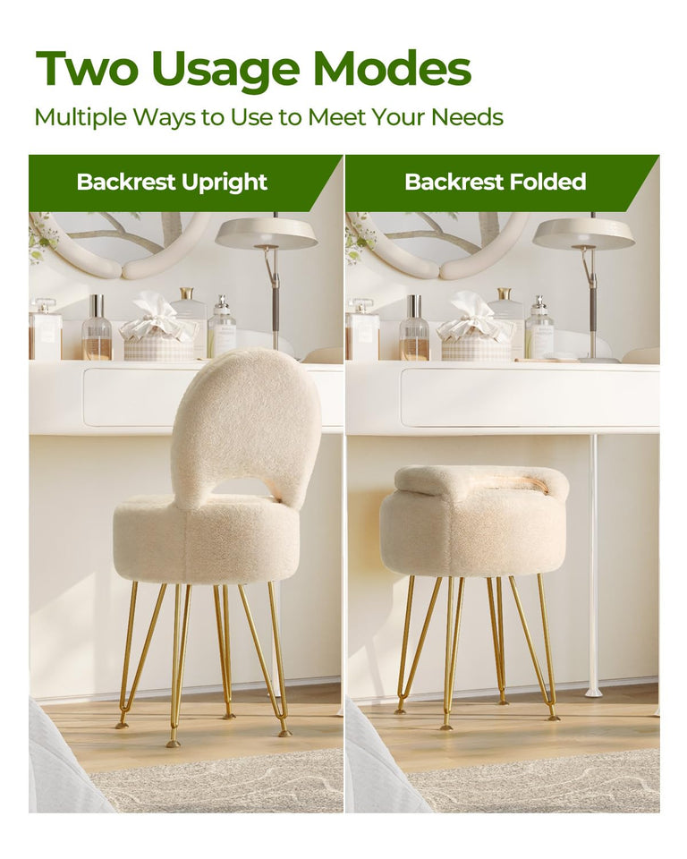 GREENSTELL Small Vanity Stool Chair with Storage and Folding Back, 13" x 13" x 17.7" Faux Fur Soft Ottoman for Teenager, 4 Metal Legs with Anti-Slip Feet, Furry Padded Seat for Makeup, Bedroom, White