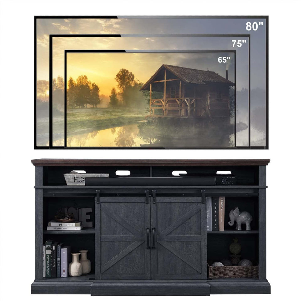 Farmhouse TV Stand for 80 Inch TVs, 37.4" Tall Entertainment Center w/Storage Cabinets and Sliding Barn Door, Media Console Cabinet w/Soundbar & Adjustable Shelves for Living Room, 70 inch (White)