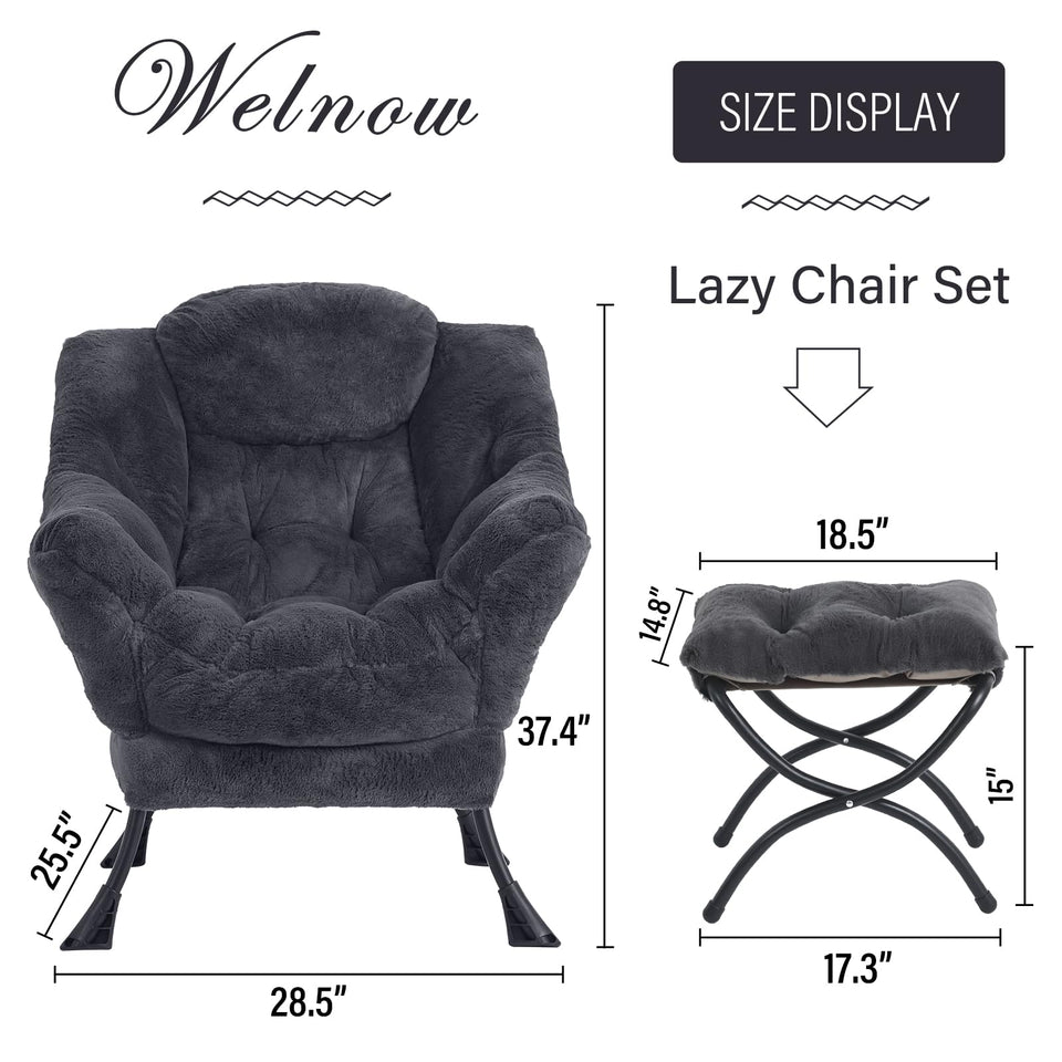 Welnow Lazy Chair with Ottoman, Modern Lounge Accent Chair with Armrests and a Side Pocket, Leisure Sofa Armchair, Reading Armchair with Footrest for Small Space, Dark Grey