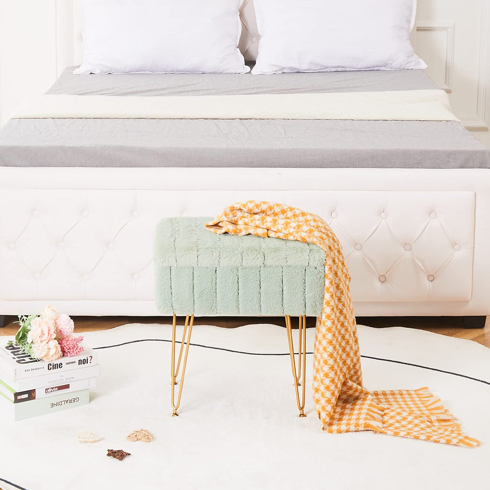 Wimarsbon Storage Ottoman, Vanity Stools with Metal Legs, 16.5" x 11.8" x 18" Modern Faux Mink Fur Footstool, Makeup Chair with Anti-Slip Feet, Accent Table,Footrest,Storage Bench for Bedroom