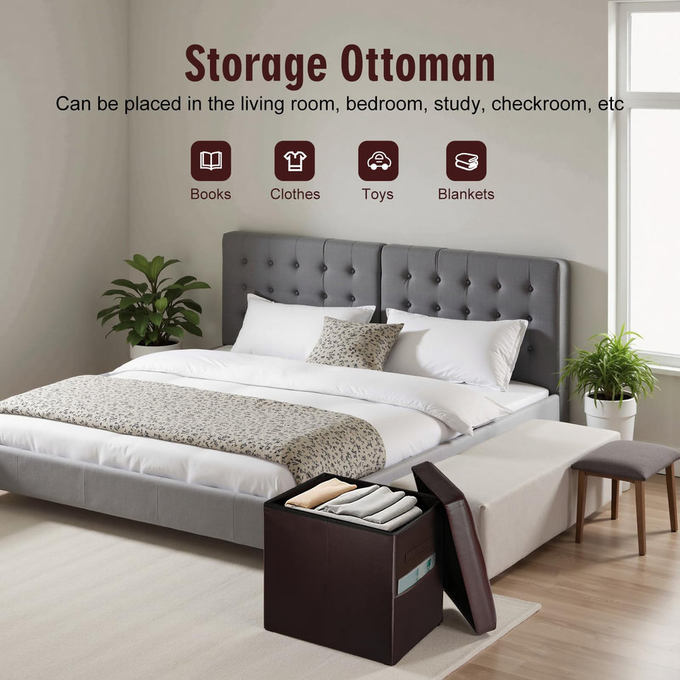 Storage Ottoman Foot Rest Stool, Foldable Leather Footstool Storage Bench with Thicker Foam Padded Seat. Foot Rest Under Desk for Living Room Bedroom 350 lbs, 17x13x13 in, Brown