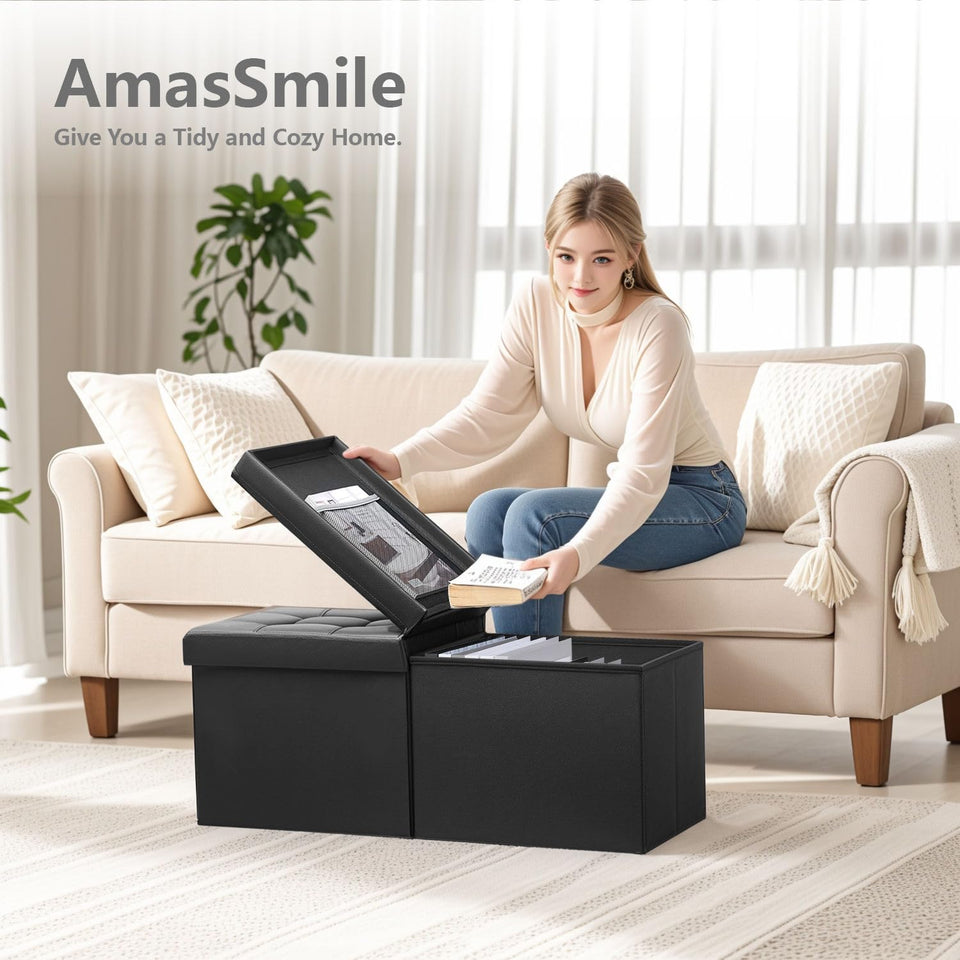 AmasSmile Footrest Ottoman Bench with Storage,34Inch Black Leather Footstool, Coffee Table, Padded Seat, Storage Chest,Blanket Store with Flipping Lid for Livingroom and Bedroom