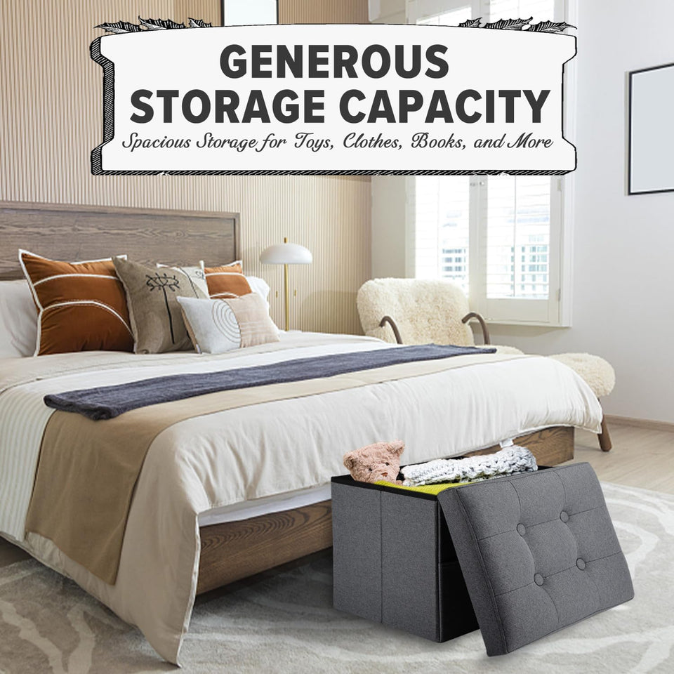 LINMAGCO Ottoman Storage Ottoman with Storage Small Foot Rest Stool Under Desk Stool Short Folding Footrest Linen Cloth Dark Gray 16X12X12IN