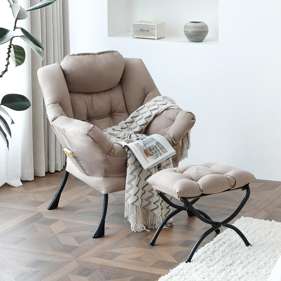 Welnow Lazy Chair with Ottoman, Modern Lounge Accent Chair with Armrests and a Side Pocket, Leisure Sofa Armchair, Reading Armchair with Footrest for Small Space, Dark Grey