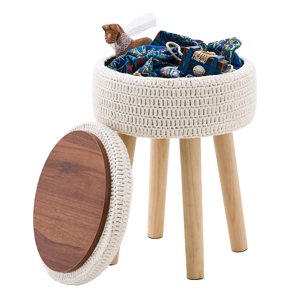 Wimarsbon Pouf Ottoman, 100% Cotton Knitted Boho Footstool, Round Footrest with Non-Skid Wood Legs, Home Décor Handmade Pouffe, Leisure Floor Step Stool for Living Room (Beige)