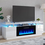 AMERLIFE Fireplace TV Stand with 36" Fireplace, 70" Modern High Gloss Fireplace Entertainment Center LED Lights, 2 Tier TV Console Cabinet for TVs Up to 80", Obsidian Black