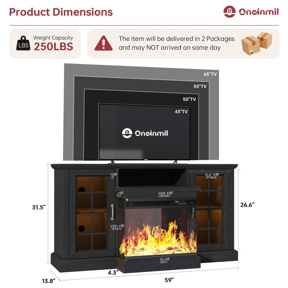 oneinmil 36 Inch 3-Sided Glass Fireplace TV Stand for TVs up to 80", Rustic Media Entertainment Center Console Table with Glass Door Closed Storage, Set of TV Table, White