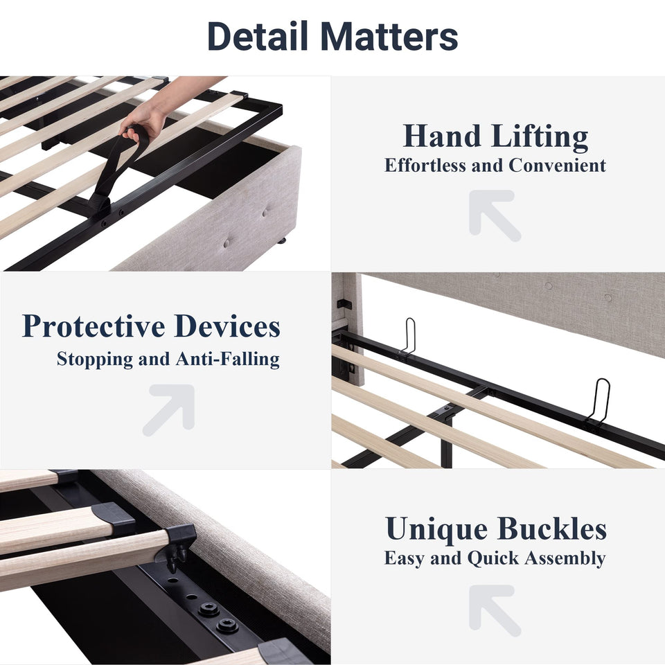 Allewie King Size Lift Up Storage Bed, Modern Wingback Headboard, Hydraulic Support, No Box Spring Needed, Light Beige