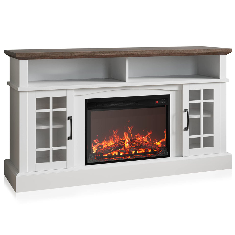 BELLEZE Traditional 58" Rustic TV Stand with 23" Electric Fireplace Heater with Sound, Media Entertainment Center Console Table for TV up to 65" with Open Storage Shelves and Cabinets - Espresso