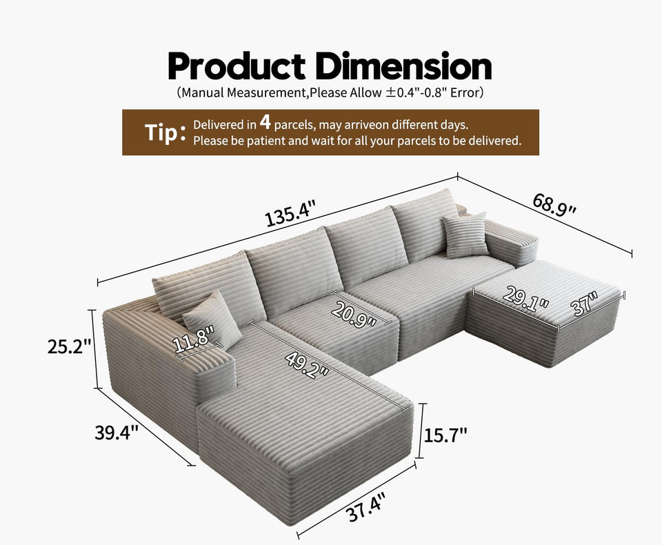 135.4" Cloud Modular Sectional Couch with 1 Ottoman,Modern Minimalist Upholstered Couches, Comfort U Shaped Sofa for Living Room,Deep Seat Corner Couch，No Assembly Required (Black,Left Facing Chaise)