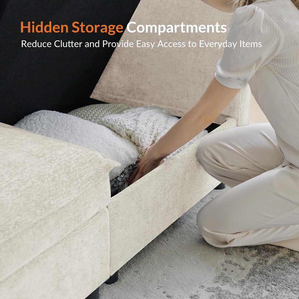 HULALA HOME 127'' Modular Sectional Sofa, Oversized U Shaped Couch with Storage Ottoman, Comfy Chenille Sofa with Deep Seat, 6 Seat Convertible Couches for Living Room, Beige