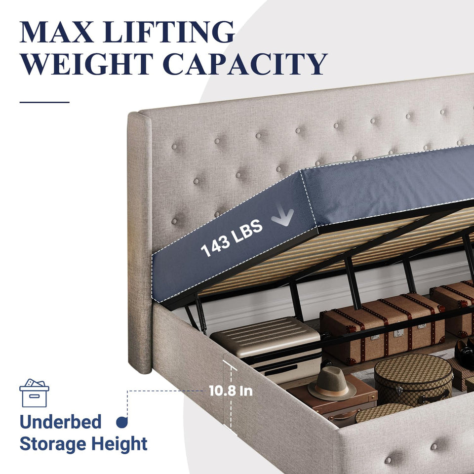 Allewie King Size Lift Up Storage Bed, Modern Wingback Headboard, Hydraulic Support, No Box Spring Needed, Light Beige