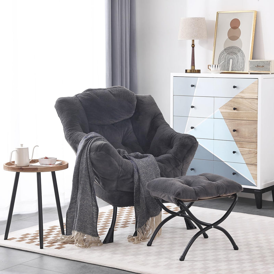 LITA Lazy Chair with Ottoman, Modern Accent Leisure Upholstered Lazy Sofa Armchair, Contemporary Lounge Reading Chair with Armrests and a Side Pocket for Living Room, Bedroom & Small Space, Dark Grey