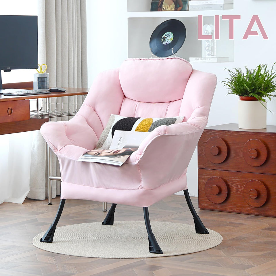 LITA Lazy Chair with Ottoman, Modern Accent Leisure Upholstered Lazy Sofa Armchair, Contemporary Lounge Reading Chair with Armrests and a Side Pocket for Living Room, Bedroom & Small Space, Dark Grey