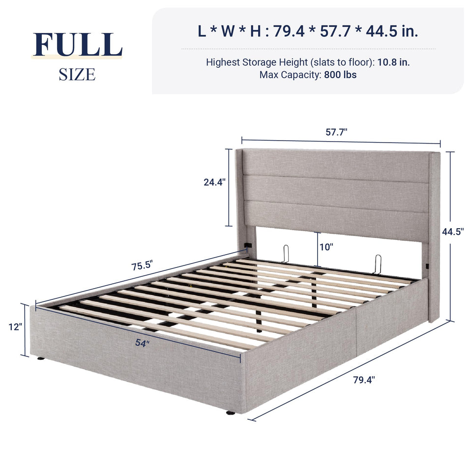 Allewie King Size Lift Up Storage Bed, Modern Wingback Headboard, Hydraulic Support, No Box Spring Needed, Light Beige
