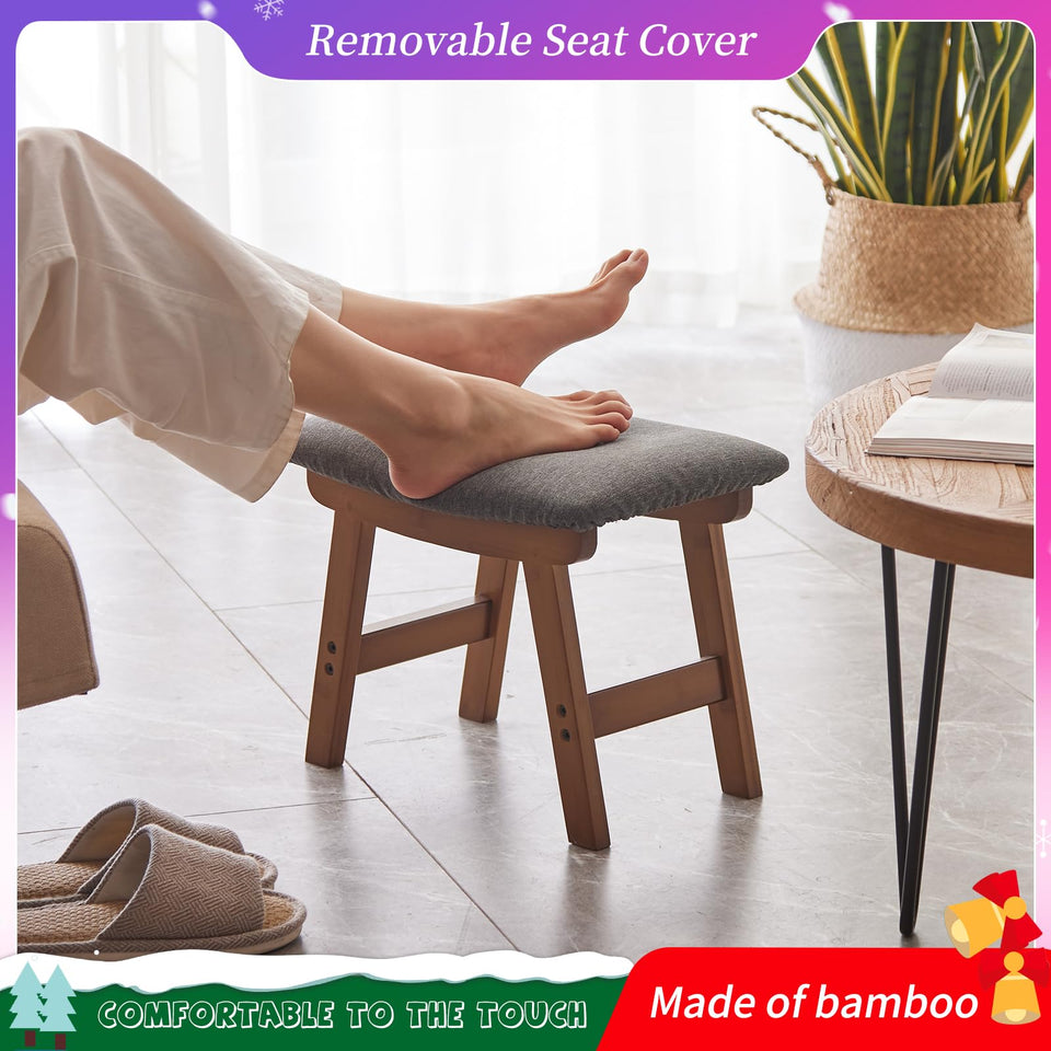 Foot Stool,Ottoman,Bamboo Small Sofa Foot Rest Under Desk,Extra Seating for Living Room, Bedroom and Kitchen(Brown Stool Legs - Beige Surface)