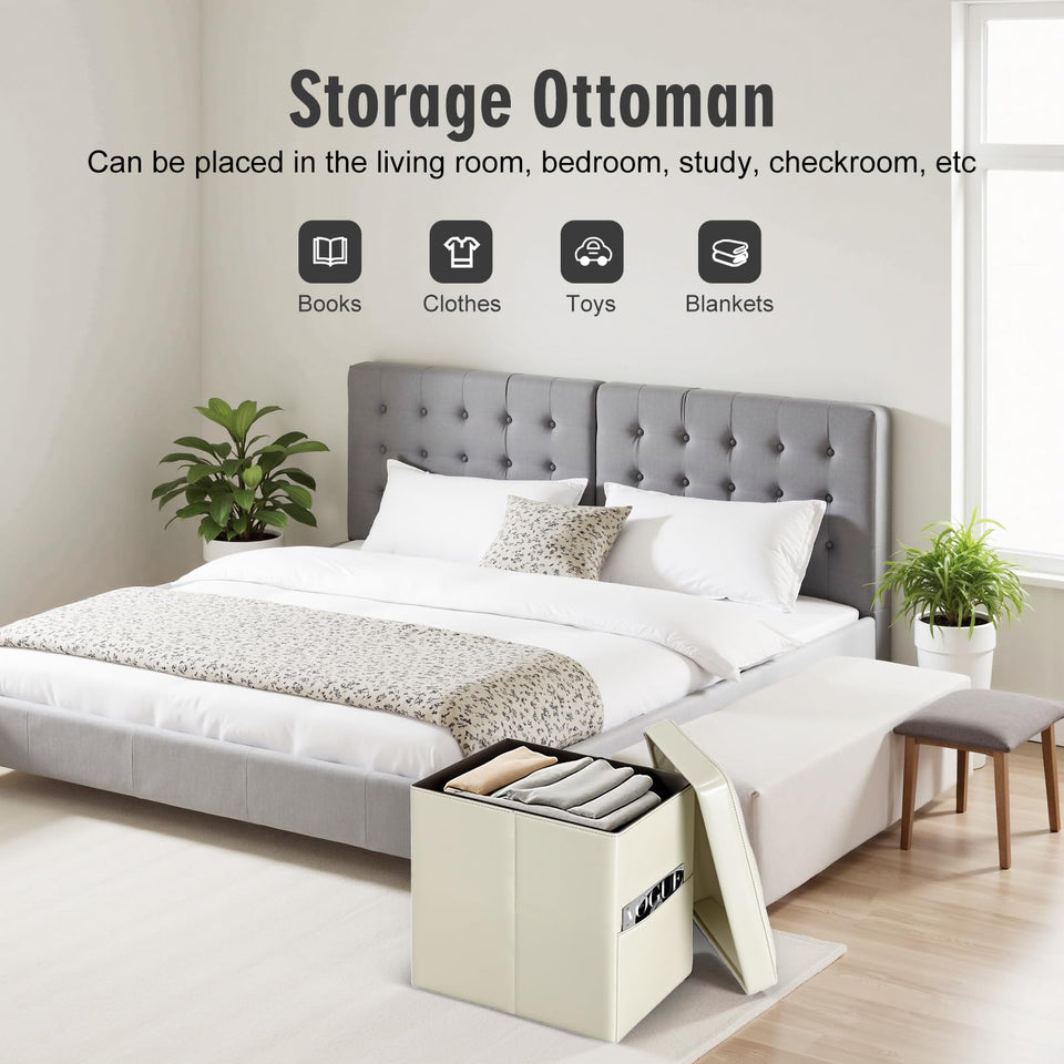 Storage Ottoman Foot Rest Stool, Foldable Leather Footstool Storage Bench with Thicker Foam Padded Seat. Foot Rest Under Desk for Living Room Bedroom 350 lbs, 17x13x13 in, Brown