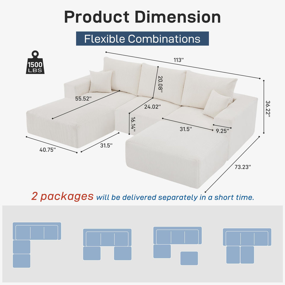 Sectional Cloud Boneless Sofa Couches for Living Room-113'' Beige 3 Seater U-Shaped Modern Lounge Couch-No Assembly Modular Corduroy Convertible Sponge Sleeper Sofas with Chaise for Home House