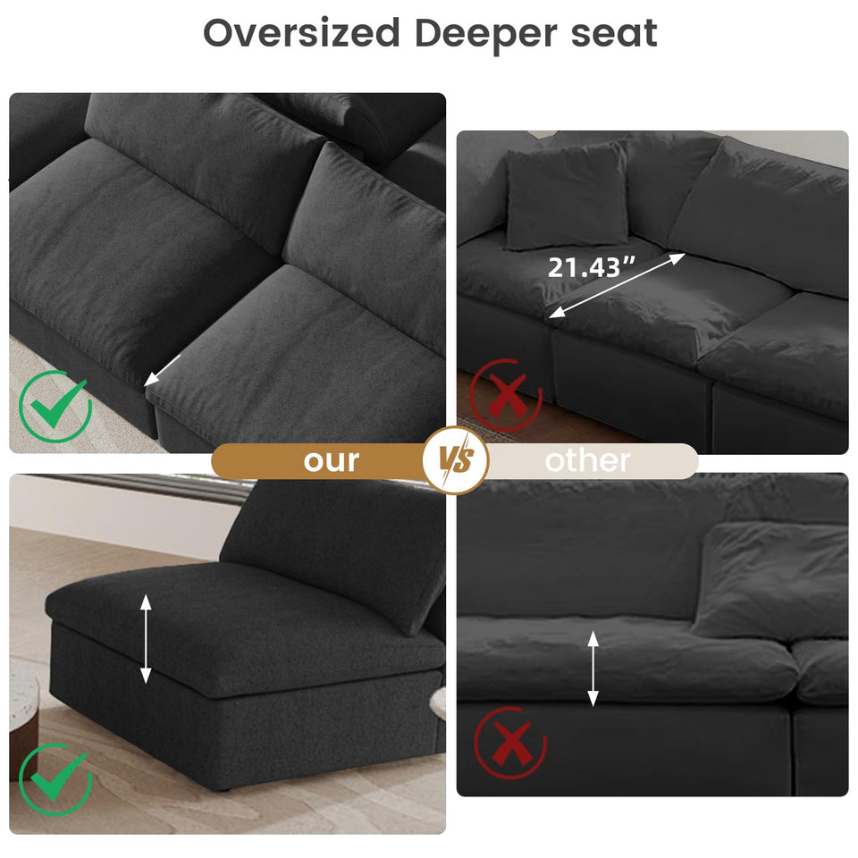 160.6" Cloud Couch Modular Sectional Sofa for Livingroom,Oversized Convertible Sofa with Storage Ottomans,6 Seat Wide Couches,Cushion Covers Removable (Khaki, 6 Seater)