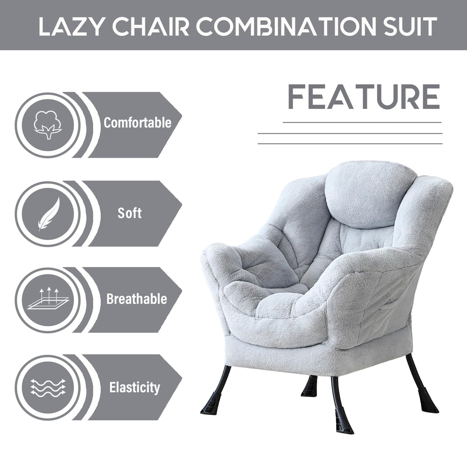 LITA Lazy Chair with Ottoman, Modern Accent Leisure Upholstered Lazy Sofa Armchair, Contemporary Lounge Reading Chair with Armrests and a Side Pocket for Living Room, Bedroom & Small Space, Dark Grey