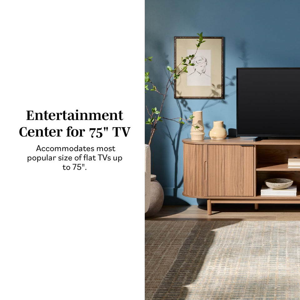 Walker Edison Chloe Curved Reeded TV Stand, Sliding Doors, 65 Inch, 60 inch, Mocha