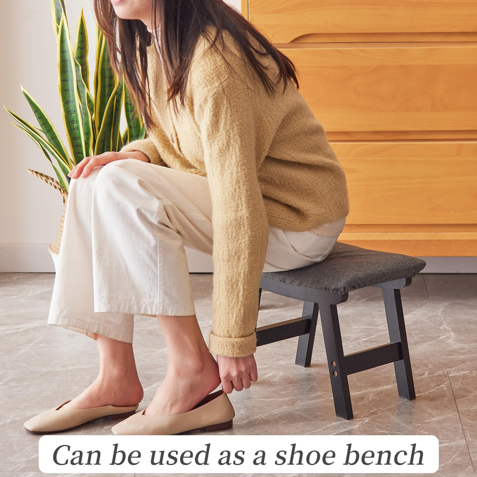 Foot Stool,Ottoman,Bamboo Small Sofa Foot Rest Under Desk,Extra Seating for Living Room, Bedroom and Kitchen(Brown Stool Legs - Beige Surface)