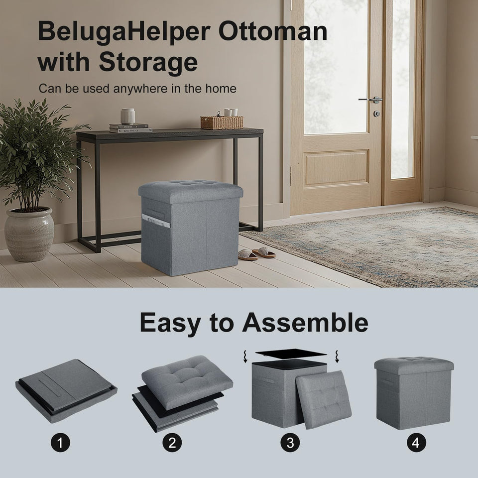 Storage Ottoman with Extra Thick Foam Padded Seat, Foldable Foot Rest Stool with Linen Fabric, 43L Ottoman with Storage Bench for Bedroom Living Room, Holds Up to 300lbs, 17x13x13in, Dark Gray