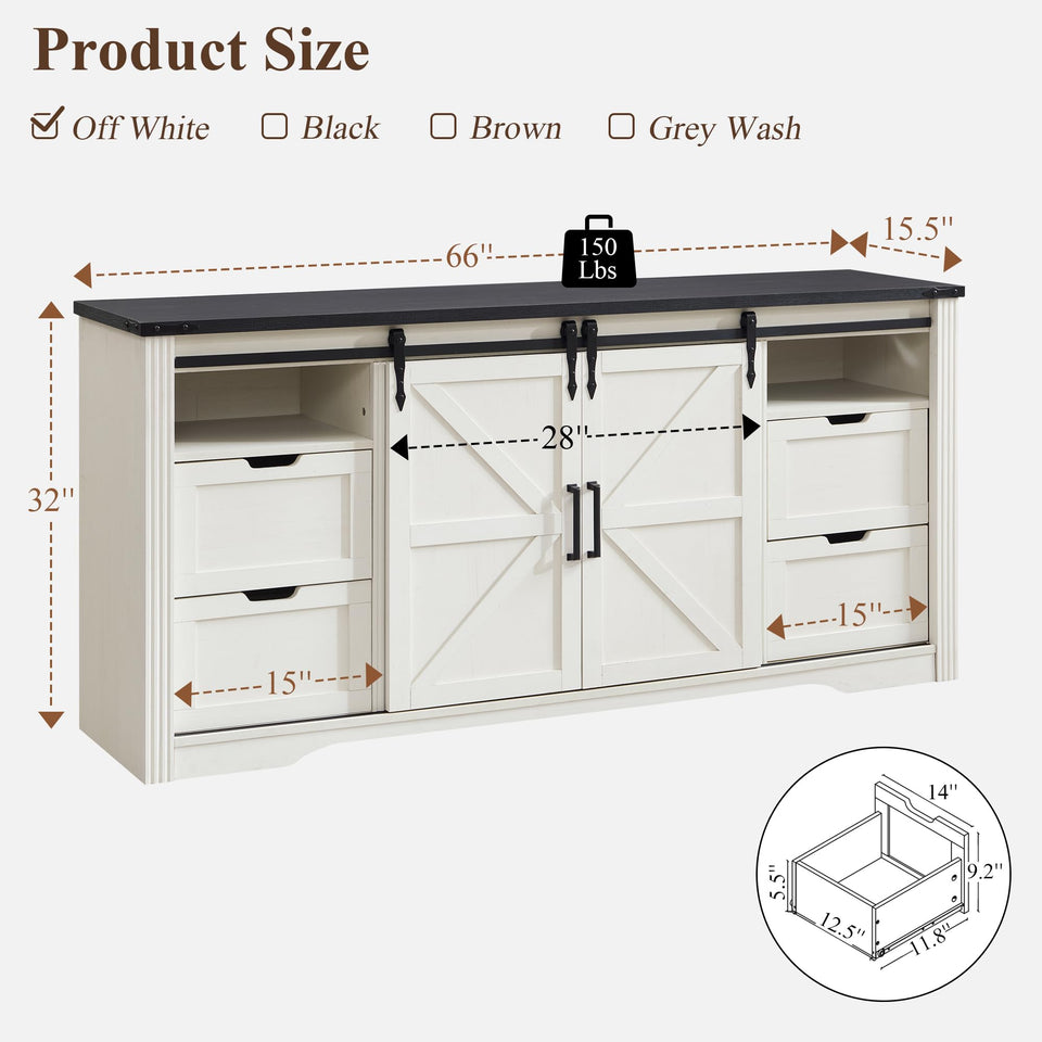 JXQTLINGMU Farmhouse TV Stand for 75+ Inch TV, 32" Tall Entertainment Center w/4 Drawers & Sliding Barn Door, Rustic Media Console w/Storage Shelves, 66" Wood Television Stand for Living Room, Brown