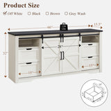 JXQTLINGMU Farmhouse TV Stand for 75+ Inch TV, 32" Tall Entertainment Center w/4 Drawers & Sliding Barn Door, Rustic Media Console w/Storage Shelves, 66" Wood Television Stand for Living Room, Brown