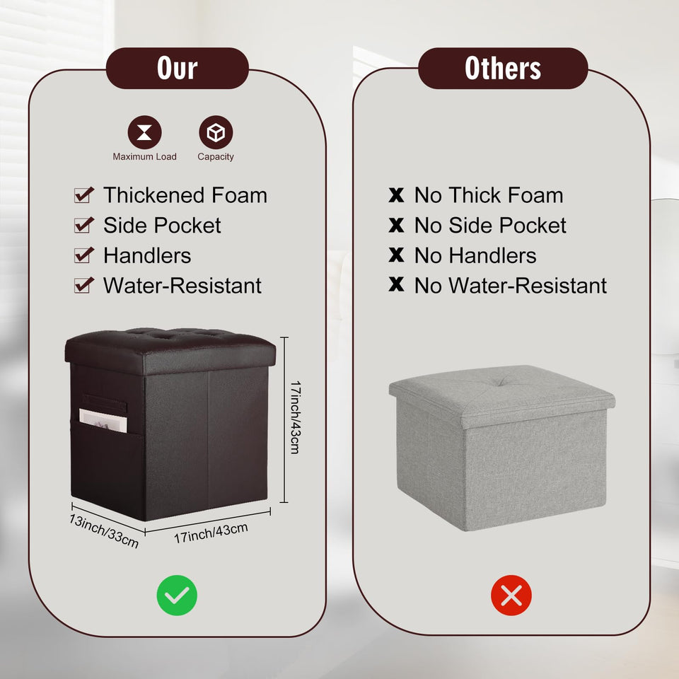 Storage Ottoman Foot Rest Stool, Foldable Leather Footstool Storage Bench with Thicker Foam Padded Seat. Foot Rest Under Desk for Living Room Bedroom 350 lbs, 17x13x13 in, Brown