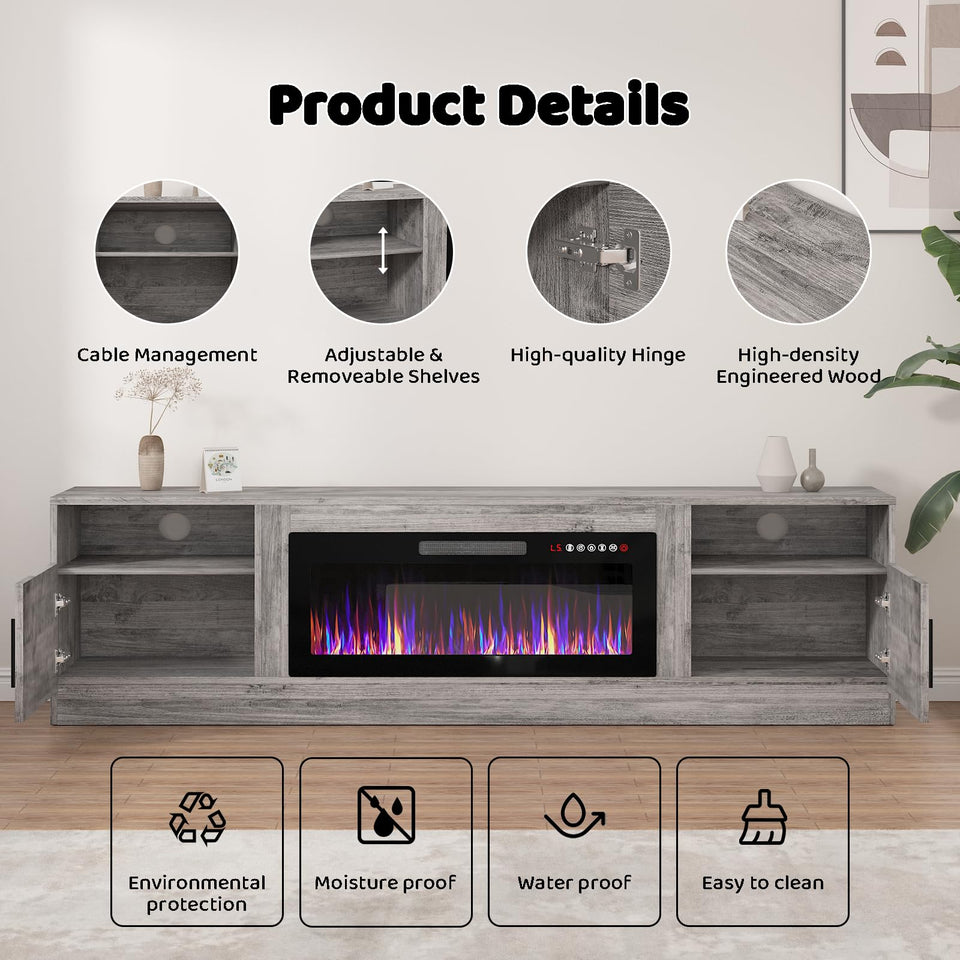 Lemberi Fireplace tv Stand with 36 inch Fireplace Up to 90" TVs, LED Light Entertainment Center and Storage, 80" Modern Wood Media TV Console with Highlight Cabinet for Living Room (White)