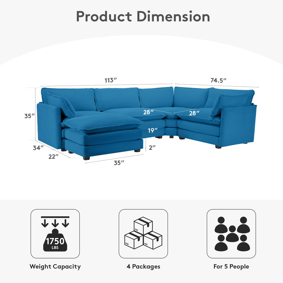 ROWHY 150'' Modular Sectional Sofa Cloud Couch, Corner Sofa Big Comfy Corduroy Oversized L Shaped Couch with 4 Pillows, Chaise, Ottoman, Deep Seat Couches for Living Room Office, Dark Grey
