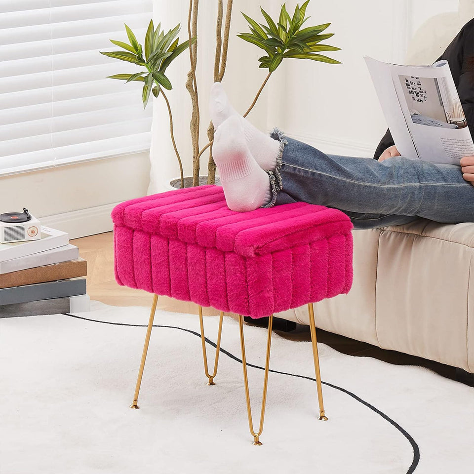 Wimarsbon Storage Ottoman, Vanity Stools with Metal Legs, 16.5" x 11.8" x 18" Modern Faux Mink Fur Footstool, Makeup Chair with Anti-Slip Feet, Accent Table,Footrest,Storage Bench for Bedroom