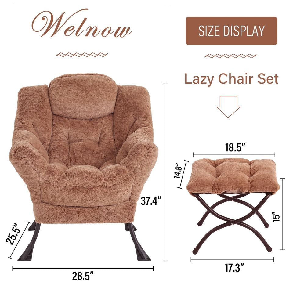 Welnow Lazy Chair with Ottoman, Modern Lounge Accent Chair with Armrests and a Side Pocket, Leisure Sofa Armchair, Reading Armchair with Footrest for Small Space, Dark Grey