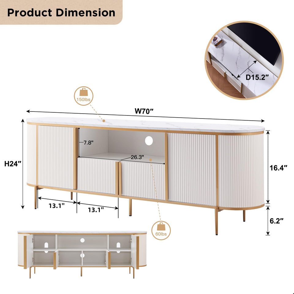 OKD Luxury 70" Fluted TV Stand, Modern Chic Entertainment Center for TVs Up to 80 inches, TV Console with Faux Marble Top, Curved Profile Design, Media Console for Living Room, Natural Oak