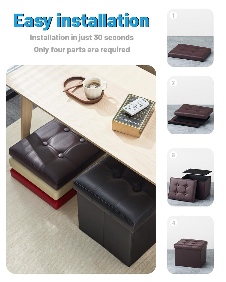 AmasSmile Storage Ottoman Folding Foot Rest Stool, Leather Footstool Bench, Short Ottoman Stool, Storage Foot Rest Store, Books (Black, 17" D x 13" W x 13" H)